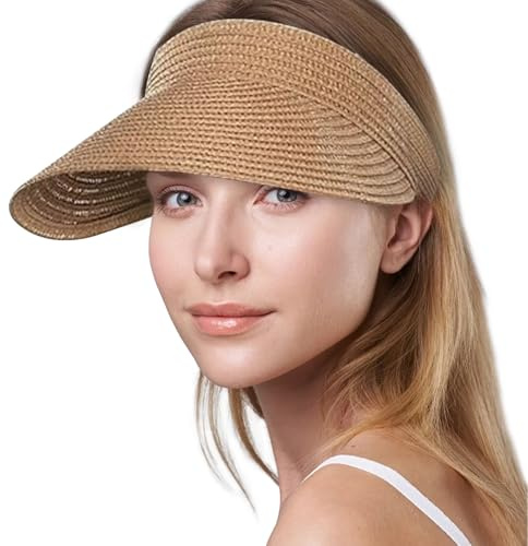 SSKHE Damen Papierstroh Visor Cap Einfarbig, Breite Krempe Sonnenvisier, Packbarer Pferdeschwanz Sonnenhut, Schildkappe Uni verstellbar,Sonnenhüte für Damen,Sonnenschild Kopf(Khaki)