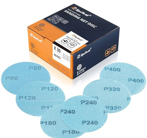 SpeTool 5 Inch Mesh Sanding Discs, 30 Pack Ceramic Aluminum Oxide Net Sandpaper, Grits 80 120 180 240 320 400, Hook and Loop Dustless Sanding Pads for Wood Drywall Metal