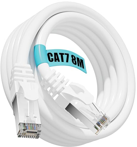 Soibke Cable Ethernet 8m Cat 7 Blanc Cable RJ45 Blindé SFTP Haute Vitesse | 10Gbit/s 600MHz Câble Réseau Gigabit Imperméable Câble LAN Câble Internet pour Routeur Switch Modem