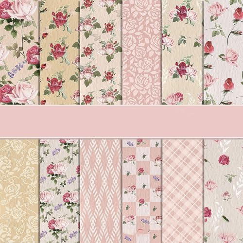 Scrapbook Papier 30x30 cm Scrapbook Bastelpapier mit Blumen Muster, 24 Blatt Rot Rosen Muster Dekorpapier, Doppelseitiges Scrapbooking Papier Frühling Motivpapier