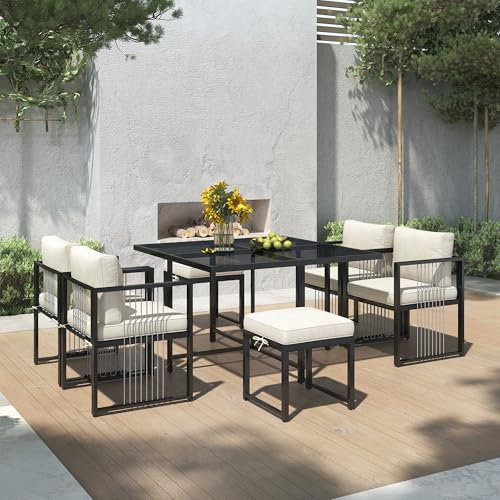 Moimhear Juego de mesa de comedor y silla de 7 piezas para 6 personas, mesa de cristal templado, apto para comidas en el patio trasero, terraza de jardín