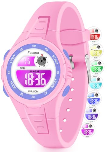 Facasu Kids Digital Watch for Boys Girls, Colorful Light 50M Waterproof Outdoor Sports Watch for Toddler Children with Stopwatch Alarm 12/24 H Functions - Kids Gifts for Boys Girls Ages 4-15(Pink)