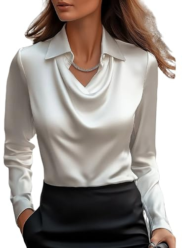 CORIRESHA Women's Elegant Cowl Neck Satin Blouse Long Sleeve Office Work Shirt Silk Top White