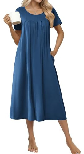 Ekouaer Womens Nightgown Cotton House Dresses for Women with Pockets Short Sleeve Night Dress Sleep Shirts Navy Blue XL