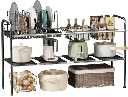 NETEL Expandable Under Sink Pan Organiser for Cupboard, 2-Tier Pan Lid Holder with 7 Adjustable Dividers, Rack for Under Cabinet, Kitchen Cupboard Organiser with 2 Metal Storage Baskets, Black