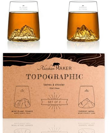 Alaskan MAKER Coffret de 2 shooters 6.5 cl - Verres Cristallin de qualité supérieure soufflés artisanalement avec les montagnes en relief | Forme Tulipe | TOPOGRAPHIC (Everest & Mont Blanc)