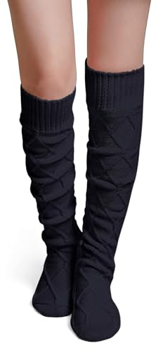 Becotal Calze da donna spesse al ginocchio, calze sopra il ginocchio, calze morbide con motivo a treccia, Nero , Taglia unica