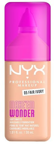 NYX Professional Makeup Make 'EM Wonder Foundation, 24H Soft Matte Aufbaubare Foundation, Mit hoher Deckkraft, Mattes Finish, 05 Fair Ivory