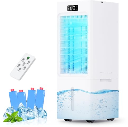Climatiseur Mobile 4 en 1, Rafraichisseur d'air avec Minuterie 1-12H, 3 Vitesses 4 Modes, Réservoir 6L, Télécommande, Refroidisseur Portable pour la Maison, le Bureau et la Chambre