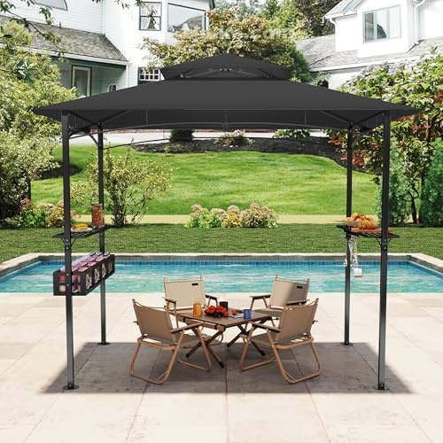 UISEBRT Grillpaviljong med 2 hyllor och krokar, grillskydd med dubbelt tak för ventilation och rökutsugning, väderbeständig grilltak för trädgård BBQ fest, 245 x 153 x 250 cm, svart