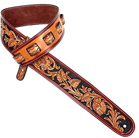 Walker & Williams LC-44 Black And Tan Hand Made Super Premium Carved Leather Guitar Strap with Western Sheridan Design And Soft Peccary Back For Acoustic, Electric, And Bass Guitars