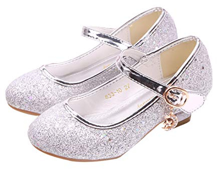 YOSICIL Chaussures Habillées Fille Fermée Costume Chaussures Princesse Talons Hauts Enfants Antidérapant Noël Cadeau D’Anniversaire Robe Sandales Carnaval Fête Mariage,Argent,28