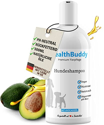 HealthBuddy Premium Hundeshampoo [500ml] mit natürlichem Avocadoöl – Made in Germany – Entfernt unangenehme Gerüche, Für empfindliche Haut und Fell, Wirkt Rückfettend, Hilft gegen Juckreiz und Flöhe