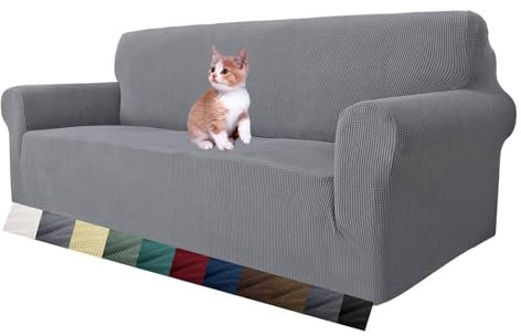 MAXIJIN Super Stretch Couch Cover for 3 Seater Couch, 1-Piece Universal Sofa Covers Living Room Jacquard Spandex Furniture Protector Dogs Pet Friendly Fitted Couch Slipcover (3 Seater, Light Grey)