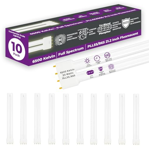 GoodBulb PLL55/865 | 55W 21.2 Twin Tube Compact Fluorescent Light Bulb | 4-pin 2G11 Base 6500K Full Spectrum 3900 Lumen | 36000 Hour Long Life Biax | Pack of 10