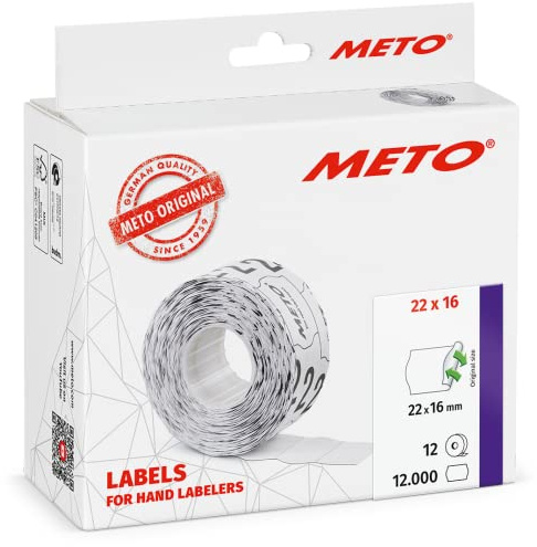 Meto Etiketten für Handauszeichner (22x16 mm, 2-zeilig, 12.000 Stück, weiß, wiederablösbar, für METO, Contact, Sato, Avery, Tovel, Samark etc.)