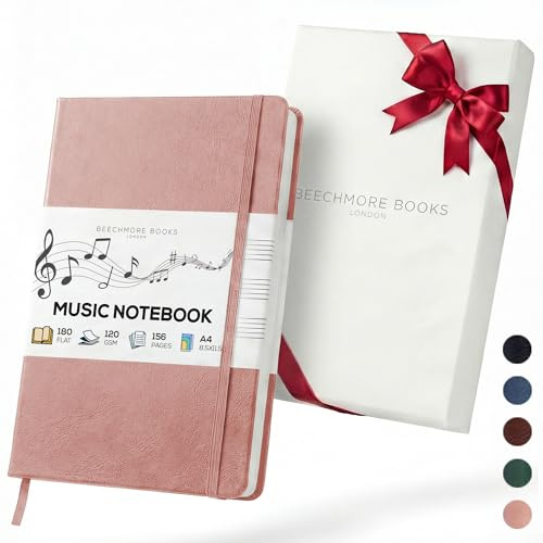 Beechmore Books Cahier de musique A4 (21,6 x 29 cm) – 156 pages, 120 g/m² | Couverture rigide simili cuir, portées perforées, ouverture à plat, coffret cadeau pour musiciens & compositeurs
