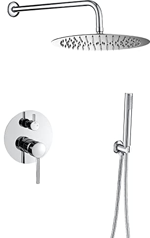 VALAZ Douche Encastrable | Mitigeur Douche 2 voies, Pulvérisateur Effet Pluie | Installation Murale Facile et Rapide | Inoxydable, Ronde, Pulvérisateur 25 cm, Chromé, Série Jucar