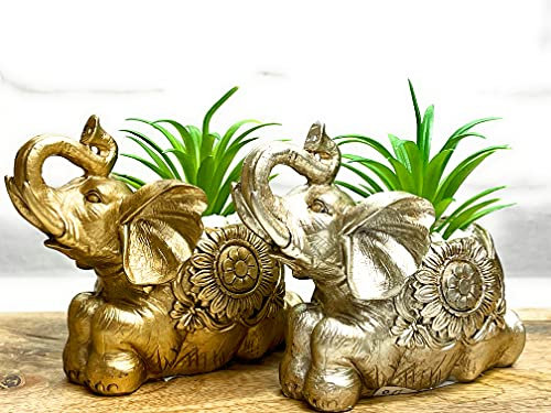 Generisch Megafuchs Elefant Buddha Skulptur Statue Figur mit Kunstpflanze Feng Shui Figuren (Silber)