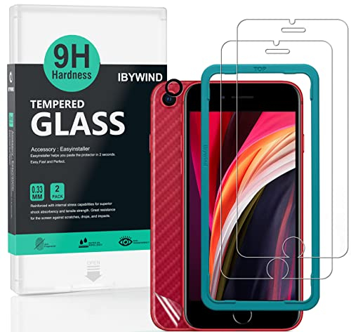 Ibywind Vetro Temperato per Iphone SE 2022/SE 2020/7/8 4.7',[2Pezzi]con Metallico Protezione Obiettivo Fotocamera,Skin in Stile Fibra di Carbonio per Il Retro,Include Kit di Installazione Facilitata