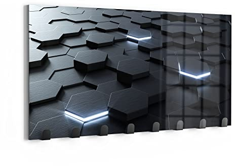 DEQORI Wandgarderobe Glas & Metall | Motiv Fläche aus Sechsecken | 60x30 cm | Design Haken-Leiste modern | Garderoben-Paneel für Flur, Wohnzimmer & Schlafzimmer | magnetisch & beschreibbar