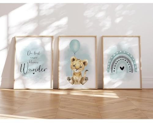 MeinBaby123 I Bilder Kinderzimmer | 3er Set DIN A4 Poster Set | Wandbilder | Deko Bilder Kinderzimmer Mädchen & Junge | Wandposter Premium (Löwe und Ballon Mint)