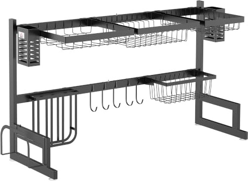 HOMCOM Égouttoir à vaiselle Vaisselle Au-Dessus Évier 93x30x52,5 cm Noir | séchoir à vaiselle 2 Niveaux, Porte-Couteau, Support Planche à Découper, Rangement Organisateur Cuisine, Acier