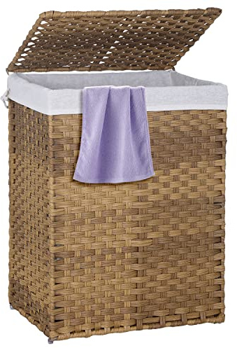 Paylesshere Laundry Basket Handwoven Laundry Hamper 90L/110L Foldable Rattan Hamper With Lid, 2 Removable Liner Bags & 6 Bags,Clothes Bathroom Basket,Natural