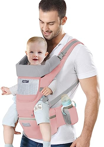 IULONEE Neugeborene Babytrage Baby Carrier Ergonomisch Babytrage mit Hüftsitz Multifunktional Kindertrage Dorsal und Ventral Babyrückentragen für Kleinkinder 3 Monate bis 3 Jahre (3-20kg) Rose