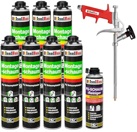 Isolbau Bauschaum-Set - Inkl. 7 x 1K Montageschaum B2 Pistolenschaum mit hervorragender Schall und Wärmedämmung (je 750 ml), 1 x PU-Schaum-Reiniger (500 ml) & 1 x Schaumpistole, Verfüllen
