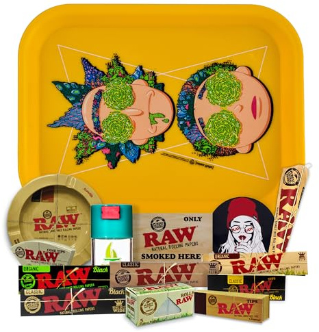Rolling Tray Rick and Morty original 27.5 x 17.5 cm + Airtight Tin + RAW ashtray + Raw papers KingSize + 5 meters + Tips + Raw Cones Kingsize + Stickers – Gift for smokers (Gelb)