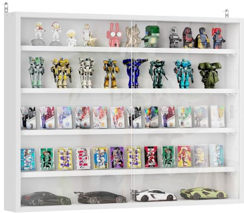 HOMCOM Vitrine pour collection vitrine murale 80 x 9,5 x 60 cm avec 4 étagères réglables en hauteur et 2 portes coulissantes en verre, pour collection de figurines et voitures miniatures, blanc