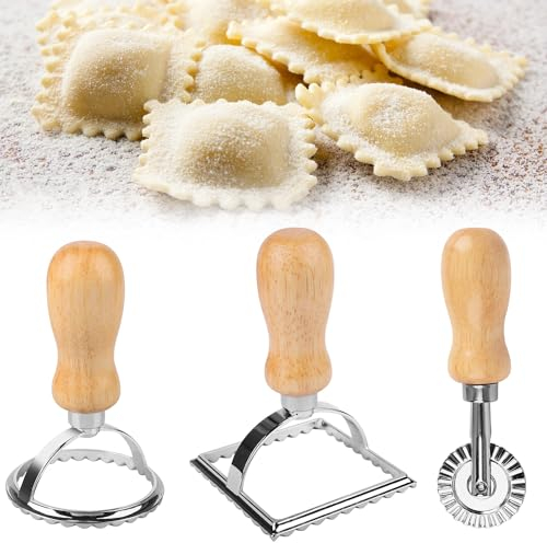 Unvtap Ravioli Ausstecher Former, 3 Stück Ravioli Ausstecher Set, Ravioli Former mit Holzgriff und Teigrädchen, Ravioli Maker Edelstahl, Teigtaschenformer, für Teigtaschen Maultaschen Pasta