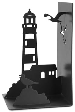 Balvi Buchstützen Lighthouse Farbe Schwarz Klassischer Ausblick auf die Küste: Leuchtturm und Möwen M