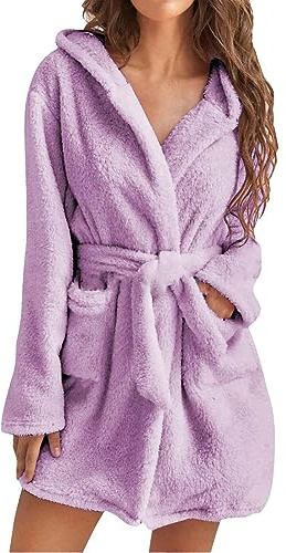Peignoir en tissu éponge pour femme avec capuche courte - Peignoir de sauna pour femme - Léger et moelleux - Confortable - Vêtement d'hiver chaud - Avec poches - Couverture pyjama - Léger et doux