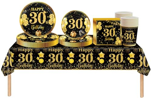 69pcs Black Gold Decorations for Men & Women - Tableware Set with Tablecloth, Paper Plates, Napkins, Serviettes, Cups for 30th Birthday Gifts