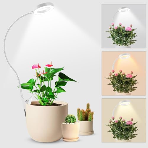 Grow Lights for Indoor Plants, Clip On 6500K Full Spectrum LED Grow Light, Two Installation Options Plant Light, 3 Colors Grow Lamp with 360° Gooseneck, 6/12/16H Timer, 5 Brightness, White 1 Pack