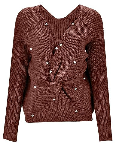 Oversize Pullover Damen Lang Tshirt Damen Langarm Damen-Pullover mit V-Ausschnitt perlenbesetzten Knöpfen unregelmäßigem schulterfreiem Strickpullover Cardigan Sicherheitsnadel