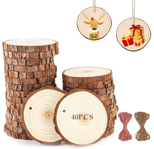 YQBFTC 40 Stück Holzscheiben Zum Basteln,Holz Log Scheiben 5-6cm mit Baumwollfaden,Holzscheiben mit Loch,Kiefernholz Astscheiben für DIY Kunst/Hochzeit Mittelstücke/Baumscheibe/Weihnachtsschmuck