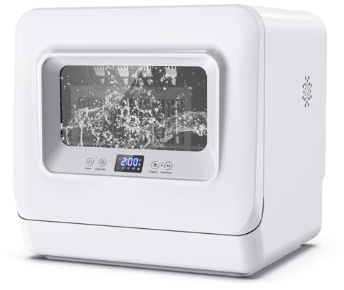 Mini lavastoviglie da banco con 4 coperti, 5 programmi, lavastoviglie da tavolo con serrature di sicurezza per bambini, controllo touch, avvio ritardato, perfetta per casa, dormitorio, camper,