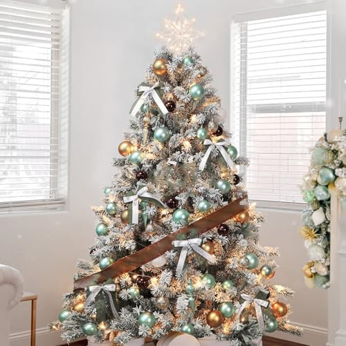 Albero di Natale Slim Floccato, Alberi di Natale Realistico, Pieghevole, Albero di Natale Innevato con Palline, Decorazioni a Nastro, Fiori di Natale(10ft)
