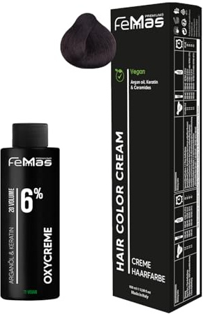 Set de coloración capilar FemMas color castaño claro 5.5 I Crema para el color del cabello 100ml + Oxycrema 100ml 6% I Coloración capilar permanente + revelador I Suave y duradero I Coloración capilar