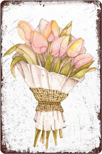 SBKGBIEHG Pink Tulip Bouquet Jute Twine Flowers Vintage Metal Tin Sign Flower Home Decor Funny Novelty Kitchen Bar Club Garage Garden Farm Wall Art Tin Signs 12x16 Inch