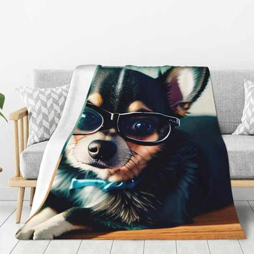 YHBLYKXP Flanelldecke mit Chihuahua-Hundebrille-Druck, bequem und leicht, warme Decke, geeignet für Schlafsofas und Reisen