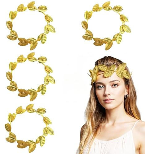 JINJUMEI 4 Stück Gold Blatt Stirnbänder, Gold Blatt Kronen Kopfschmuck, Römisches Lorbeer Kranz Für Damen Herren Kopfschmuck Zubehör Weihnachten Lorbeerkranz