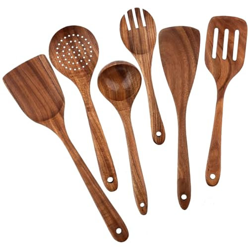 Juego de utensilios de cocina de madera, utilizadores de cocina fáciles de limpiar de 6 piezas con agujeros incluye cucharas de madera, espátula, cucharón de sopa, horquilla de ensalada y más.