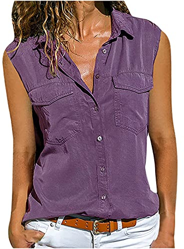 Camisa sin Manga Mujer Verano Moda Color sólido Chaleco Blusa Camisola Elegante Camisetas de Tirantes Ligero Transpirable Tank Tops Cuello en V Botones Fiesta Oficina Camisa Suelto tee
