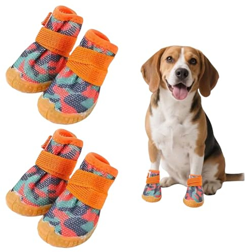 4 Stück Hundeschuhe Pfotenschutz für Kleine Hunde, Sommer Atmungsaktive Hundestiefel mit Anti-Rutsch Gummisohle, Hundeschuhe Pfotenschutz für heiße Straßen Spazierengehen Outdoor (Orange, XS)
