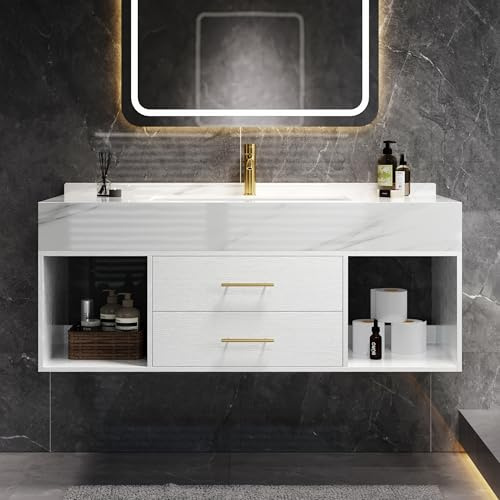 homary 35.4 Floating Bathroom Vanity Set, Modern Wall-Mounted Vanity Bathroom Medicine Cabinet with Sintered Stone Countertop, Undermount Sink & White, 2 Open Storage Shelves