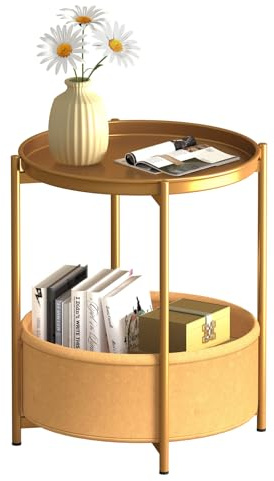 Garden 4 you Beistelltisch Rund, Sofatisch 2 Ebenen, Metall Balkontisch, Kleiner Tisch, Couchtisch mit Korb aus Stoff, Wohnzimmertisch, Beistelltische, Nachttisch fürs Schlafzimmer Wohnzimmer (Gold)